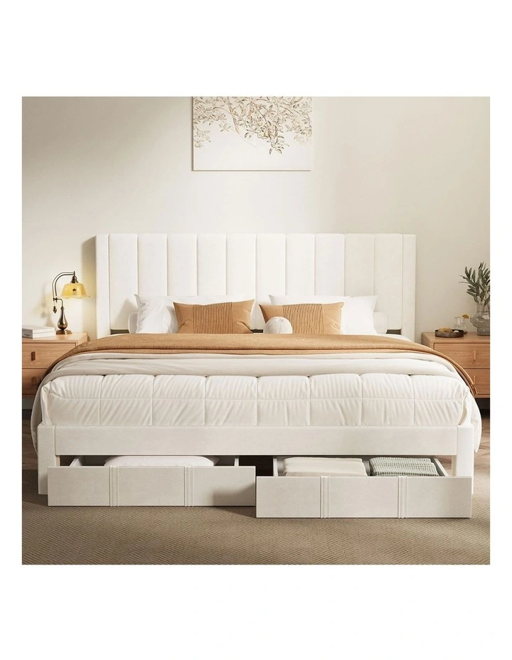 Oikiture Bed Frame King Size Headboard Platform Base with Drawer Beige image 5