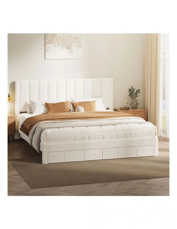 Oikiture Bed Frame King Size Headboard Platform Base with Drawer Beige image 7