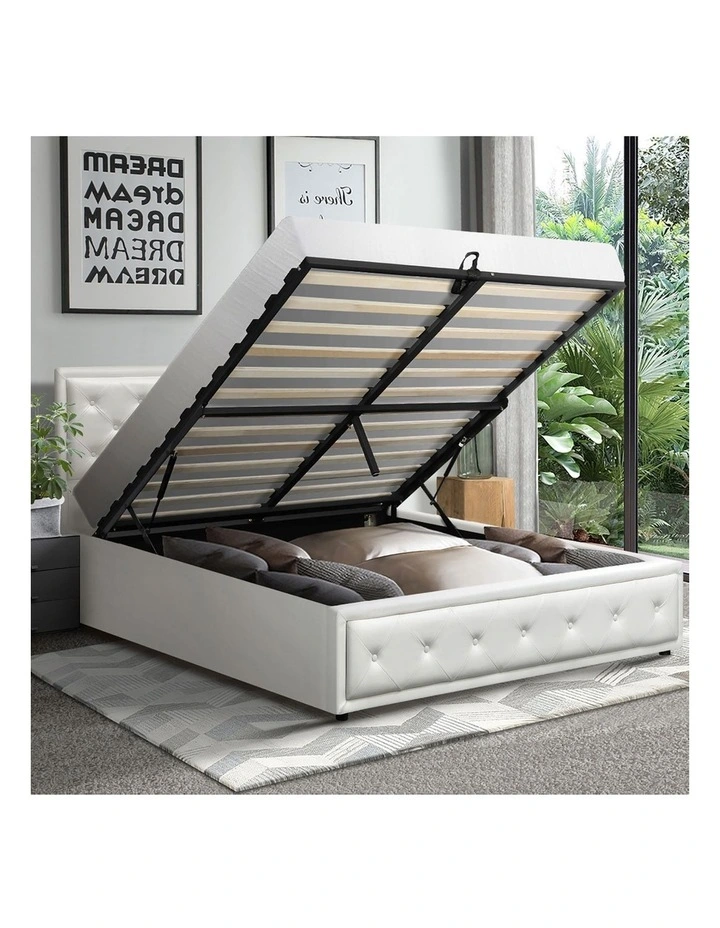 Oikiture Bed Frame Queen Size Gas Lift Base With Storage White Leather image 5