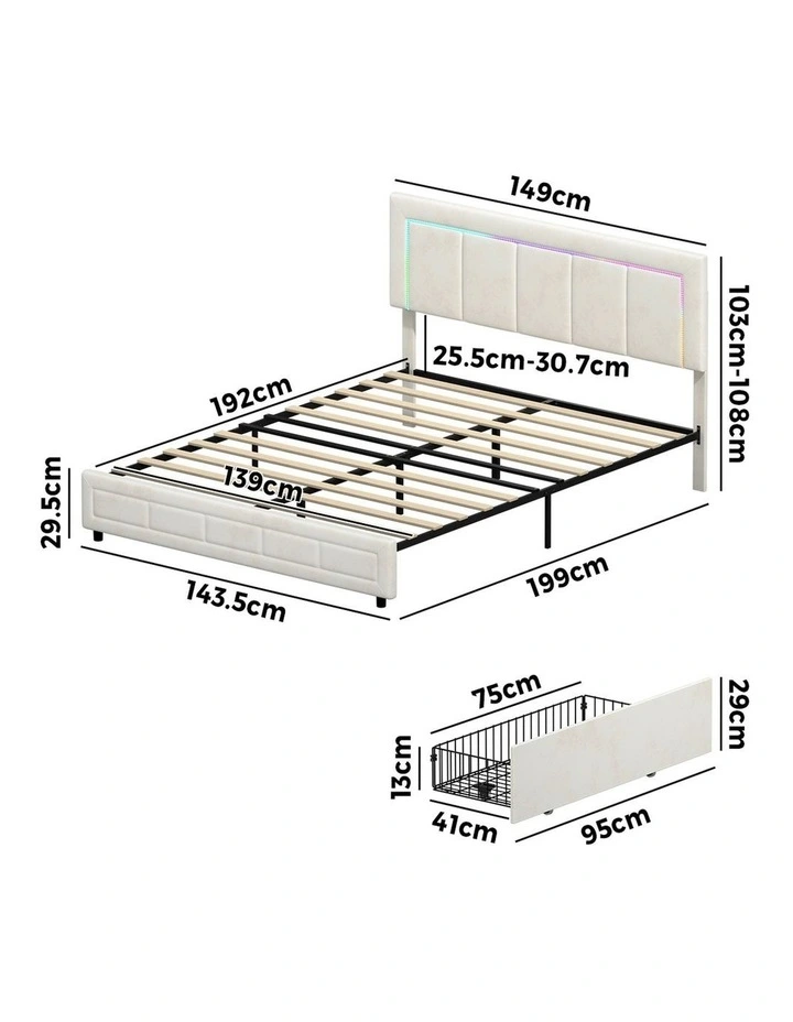 Oikiture LED Bed Frame Double Size with 4 Drawers Adjustable Headboard Beige image 3