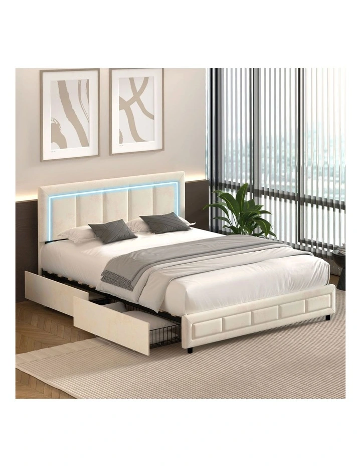 Oikiture LED Bed Frame Double Size with 4 Drawers Adjustable Headboard Beige image 4