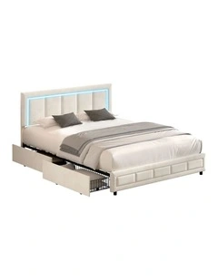 Oikiture LED Bed Frame Queen Size with 4 Drawers Adjustable Headboard Beige
