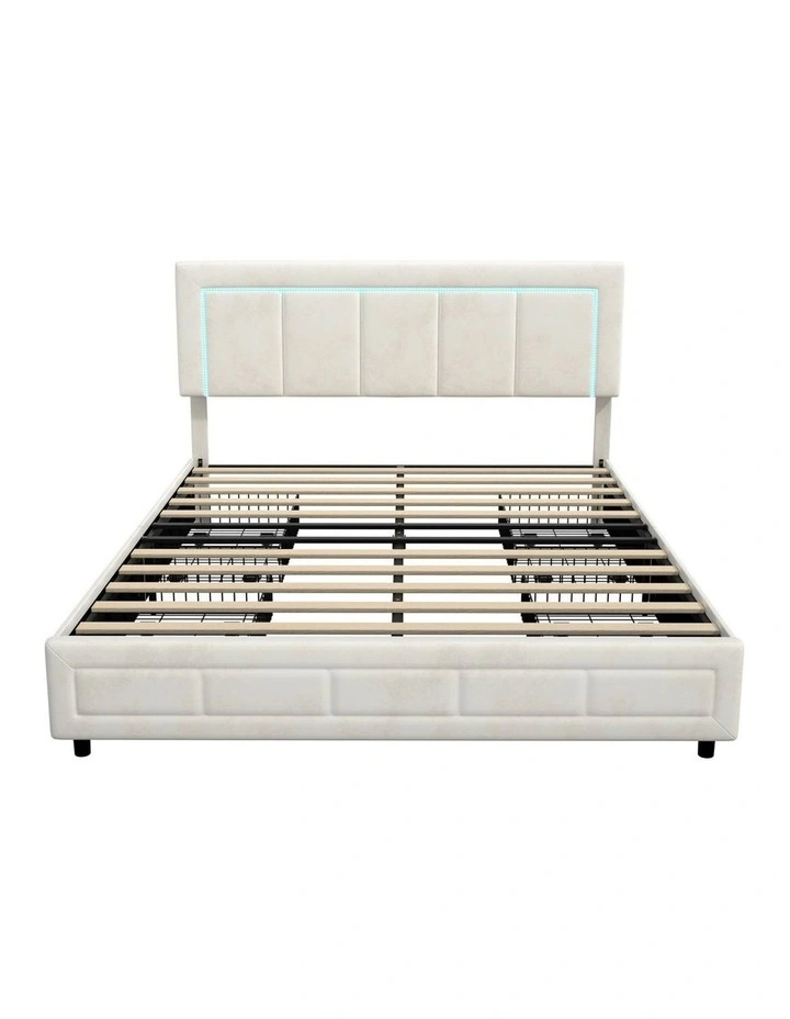 Oikiture LED Bed Frame Queen Size with 4 Drawers Adjustable Headboard Beige image 2