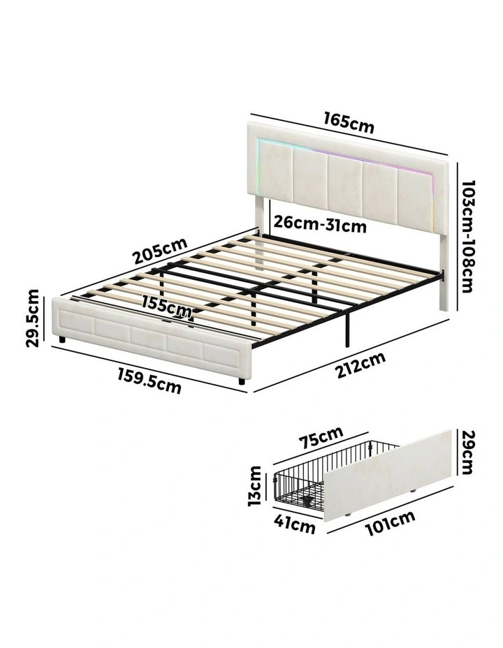 Oikiture LED Bed Frame Queen Size with 4 Drawers Adjustable Headboard Beige image 3
