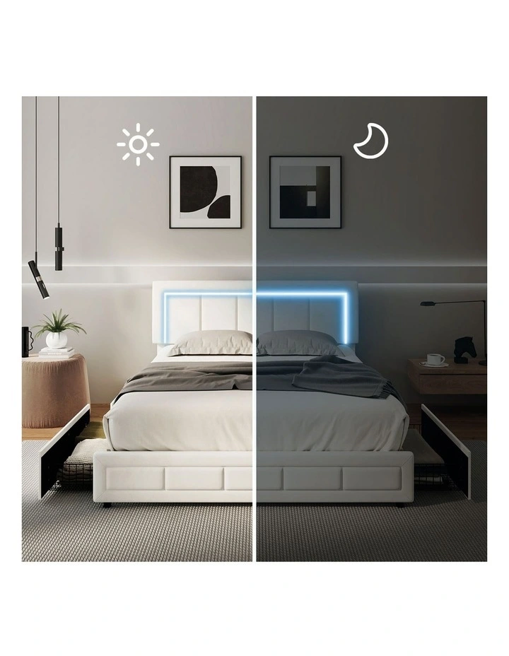 Oikiture LED Bed Frame Queen Size with 4 Drawers Adjustable Headboard Beige image 5