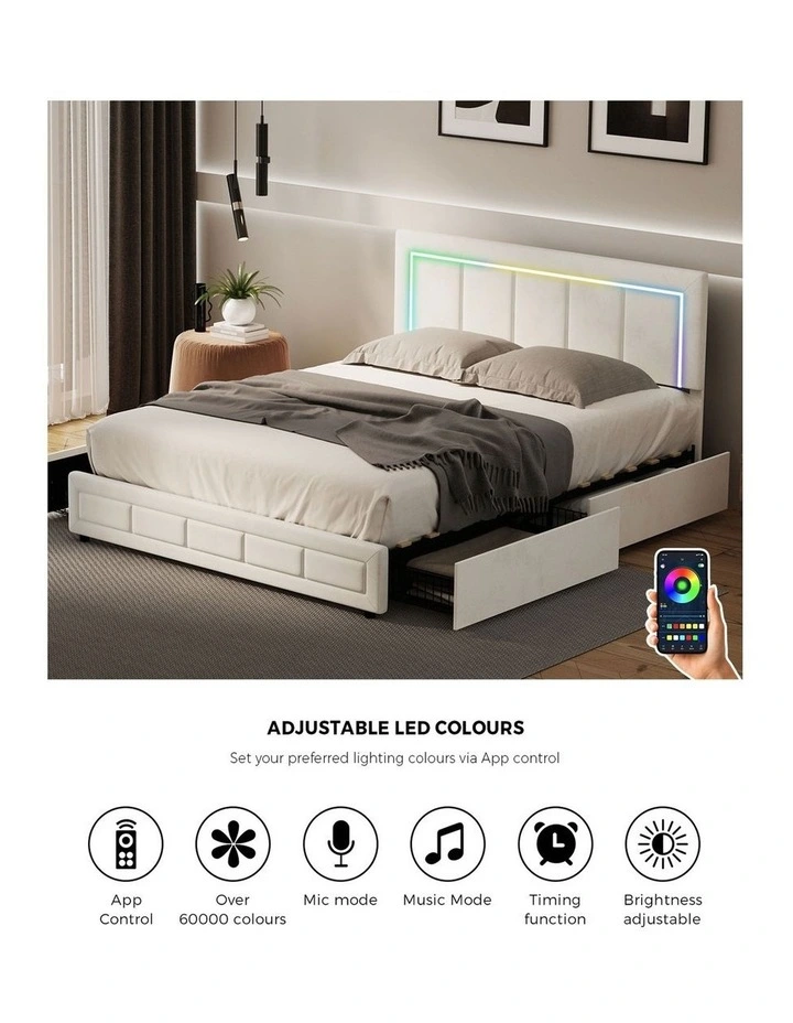 Oikiture LED Bed Frame Queen Size with 4 Drawers Adjustable Headboard Beige image 6