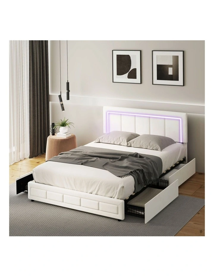 Oikiture LED Bed Frame Queen Size with 4 Drawers Adjustable Headboard Beige image 7