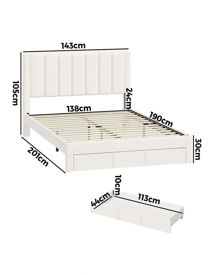 Oikiture Bed Frame Double Size Headboard Platform Base with Drawer Beige image 3