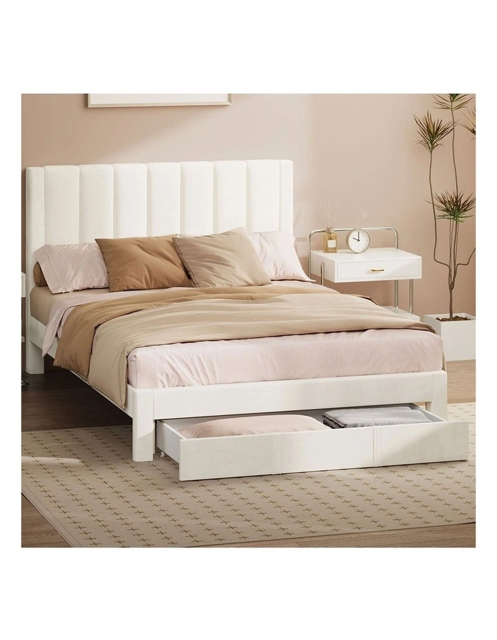 Oikiture Bed Frame Double Size Headboard Platform Base with Drawer Beige image 4