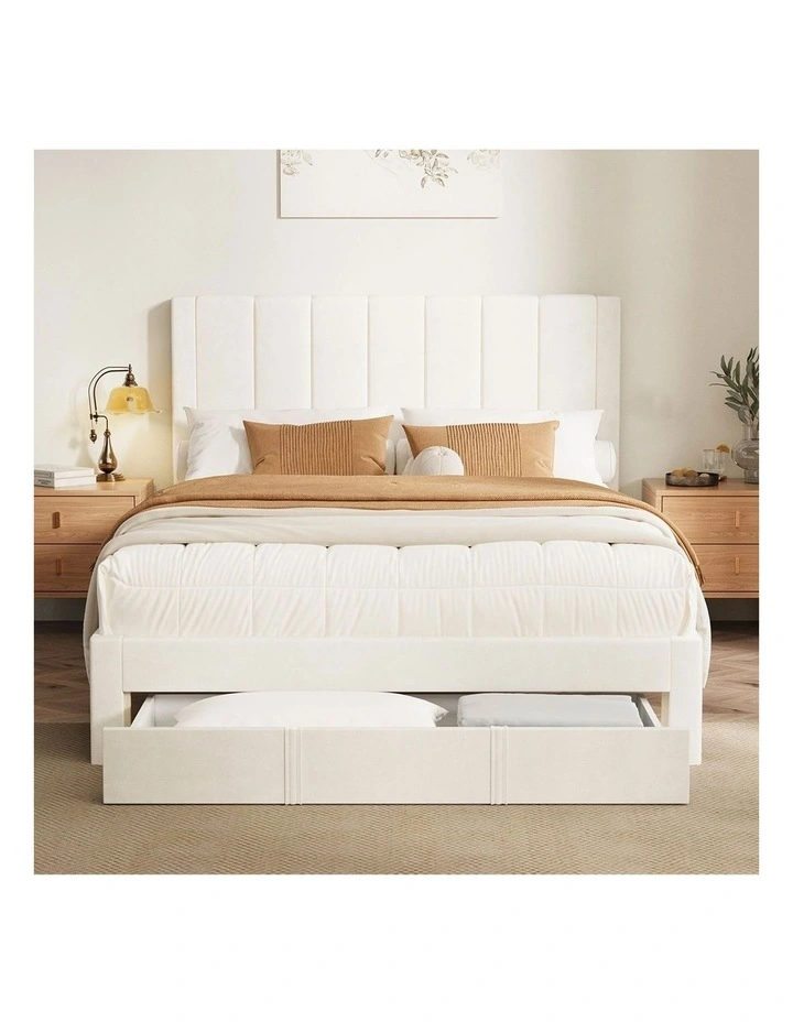 Oikiture Bed Frame Double Size Headboard Platform Base with Drawer Beige image 5
