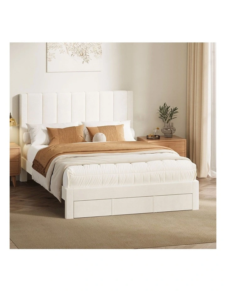 Oikiture Bed Frame Double Size Headboard Platform Base with Drawer Beige image 7