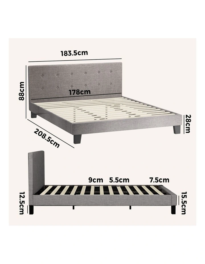 Oikiture Bed Frame King Size Bed Platform Wooden Fabric Grey image 3