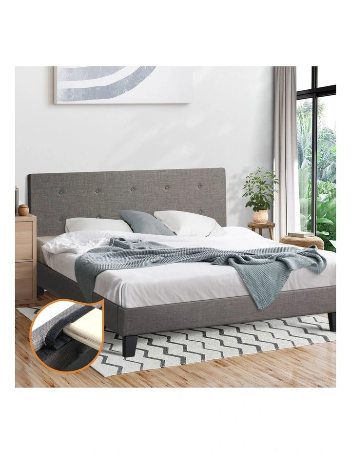 Oikiture Bed Frame Double Size Bed Platform Wooden Fabric Grey image 4