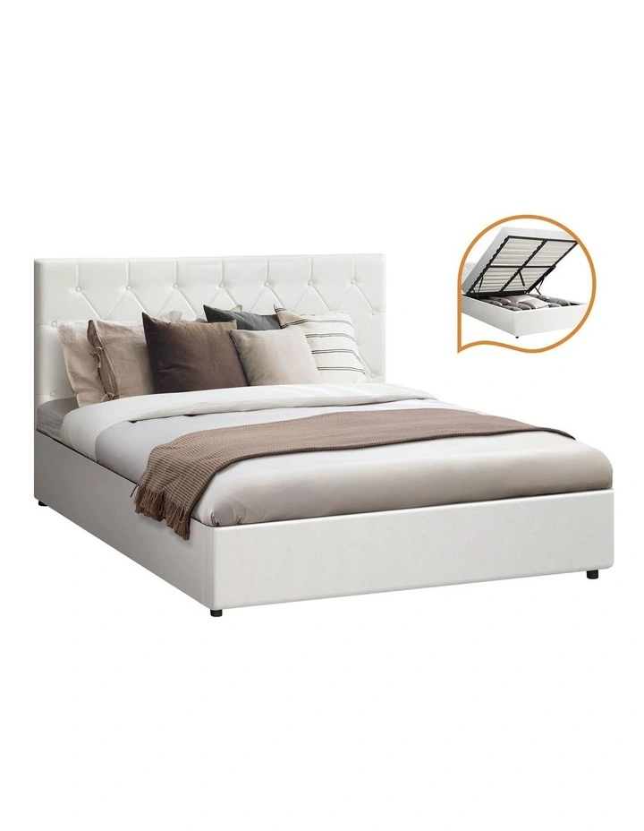 Oikiture Bed Frame Double Size Gas Lift Storage Base White Leather COTI image 1