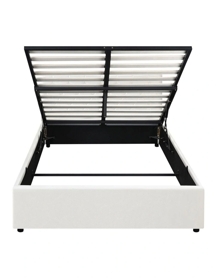 Oikiture Bed Frame Double Size Gas Lift Storage Base White Leather COTI image 2