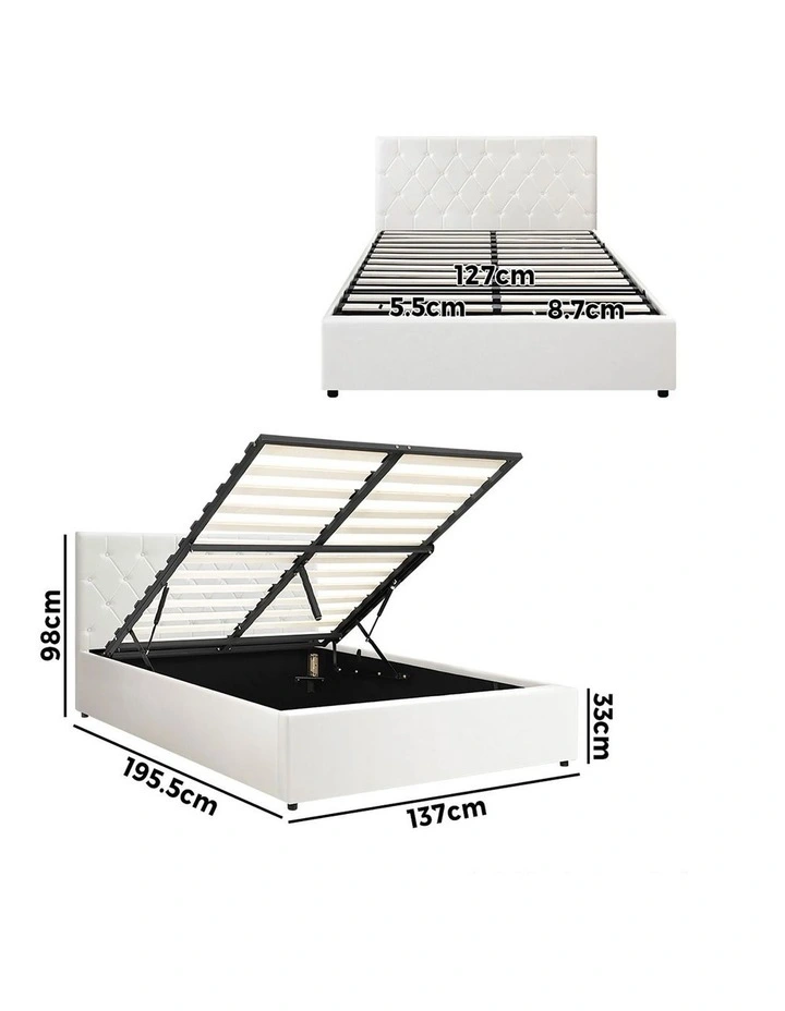 Oikiture Bed Frame Double Size Gas Lift Storage Base White Leather COTI image 3