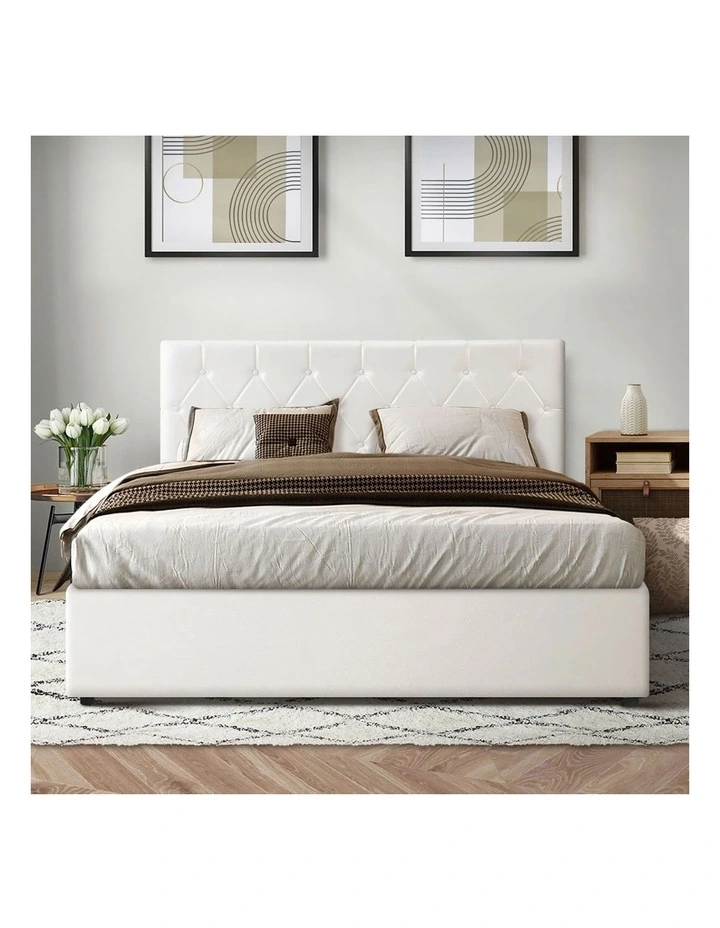 Oikiture Bed Frame Double Size Gas Lift Storage Base White Leather COTI image 6