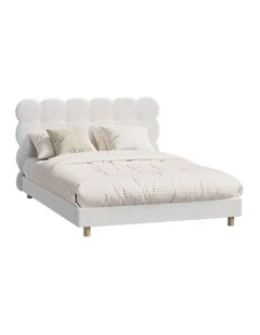 Oikiture Bed Frame Double Size Tufted Bedhead Boucle Fabric White