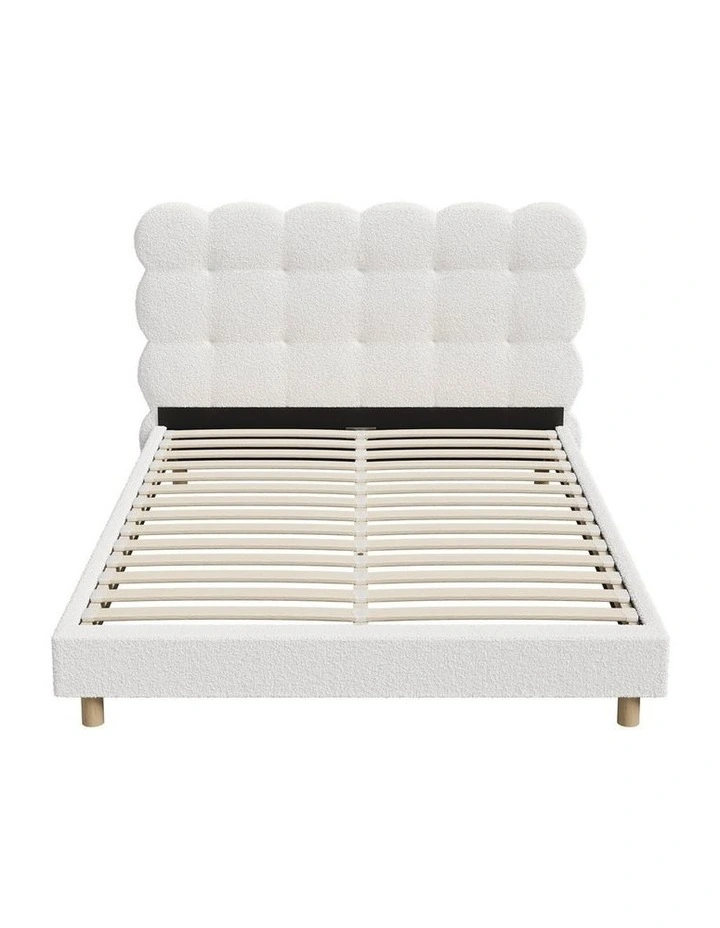 Oikiture Bed Frame Double Size Tufted Bedhead Boucle Fabric White image 2