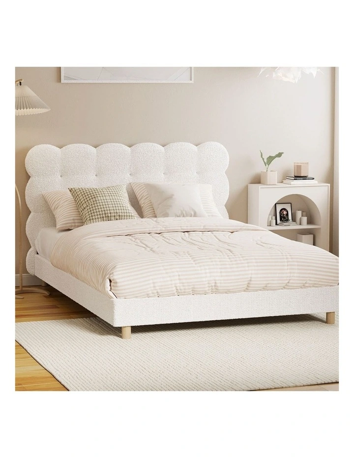 Oikiture Bed Frame Double Size Tufted Bedhead Boucle Fabric White image 4
