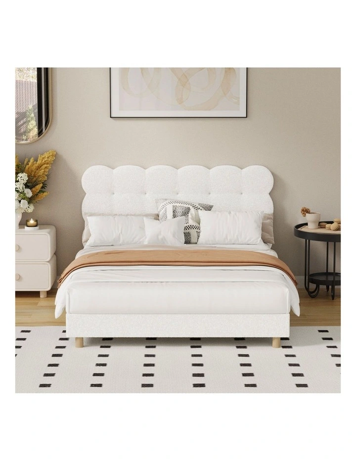 Oikiture Bed Frame Double Size Tufted Bedhead Boucle Fabric White image 5