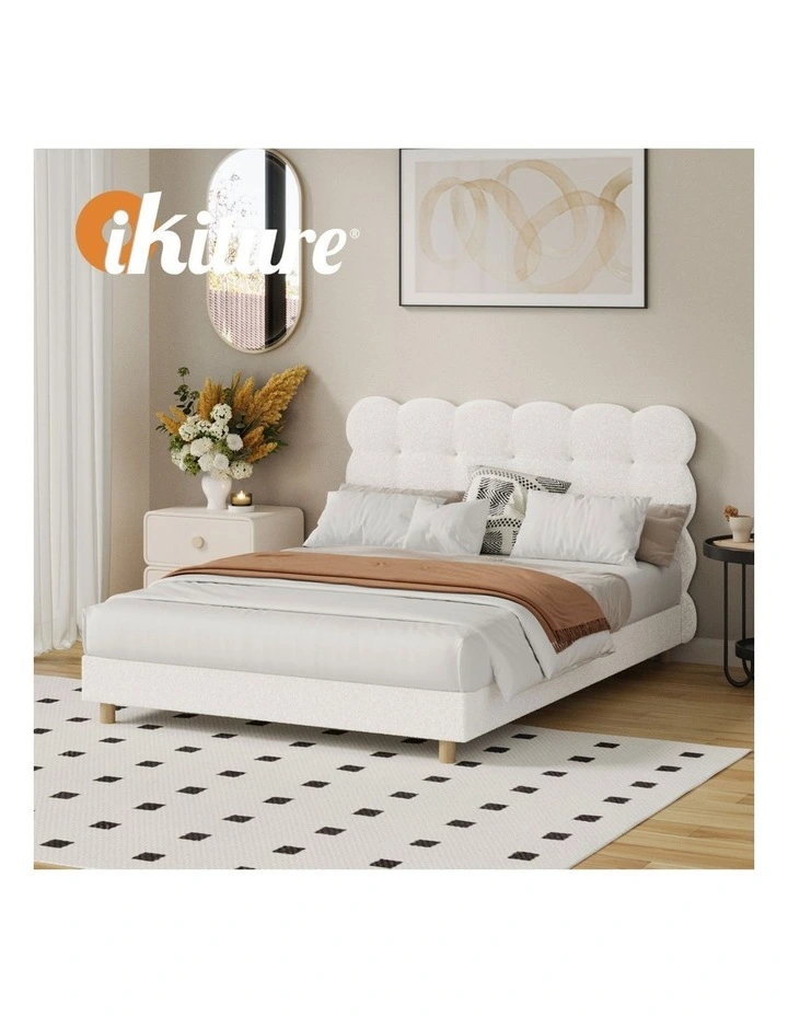 Oikiture Bed Frame Double Size Tufted Bedhead Boucle Fabric White image 7