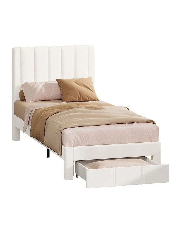 Oikiture Bed Frame Single Size Headboard Platform Base with Drawer Beige image 1