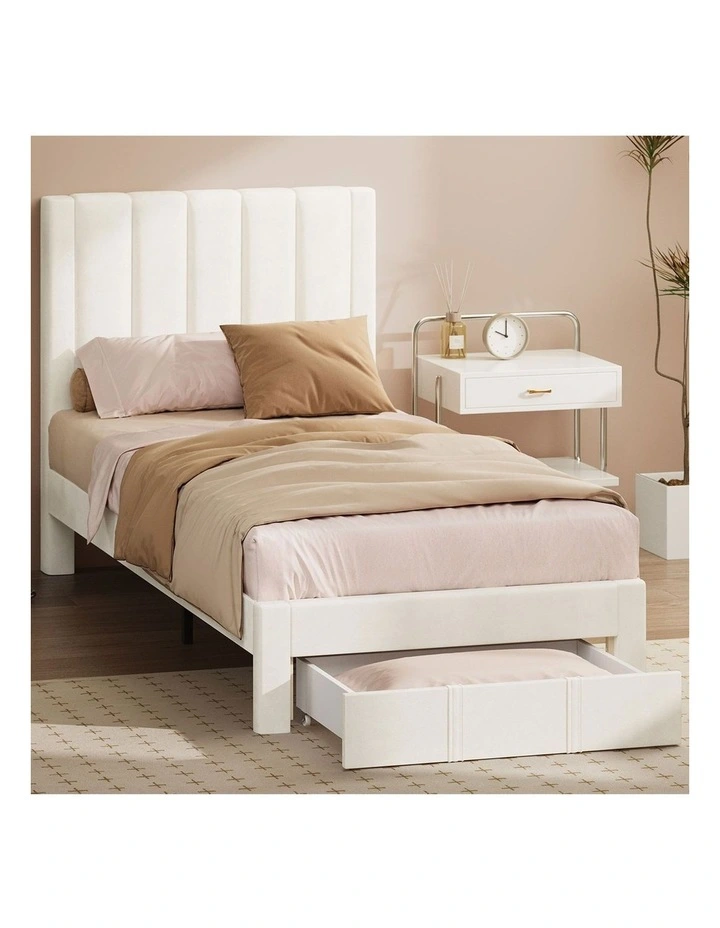 Oikiture Bed Frame Single Size Headboard Platform Base with Drawer Beige image 4