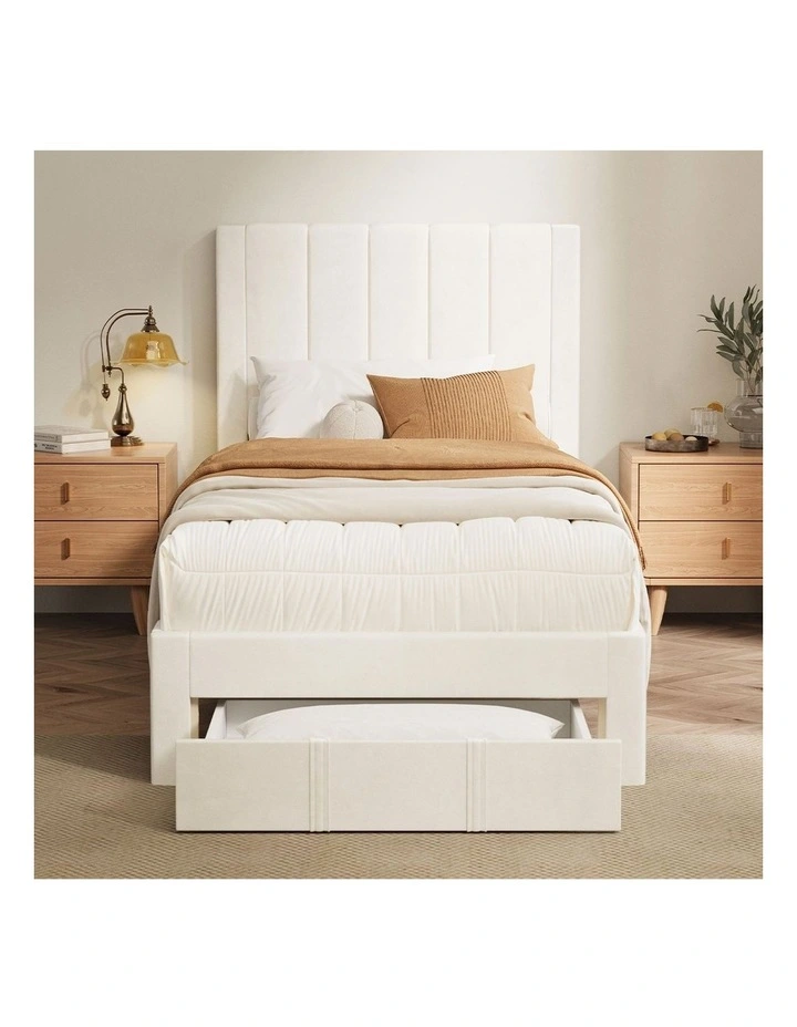 Oikiture Bed Frame Single Size Headboard Platform Base with Drawer Beige image 5