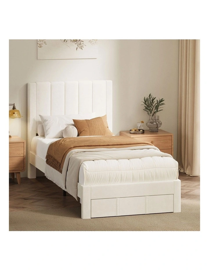 Oikiture Bed Frame Single Size Headboard Platform Base with Drawer Beige image 7