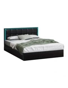 Oikiture Bed Frame Queen Size RGB LED Gas Lift Storage Base Leather