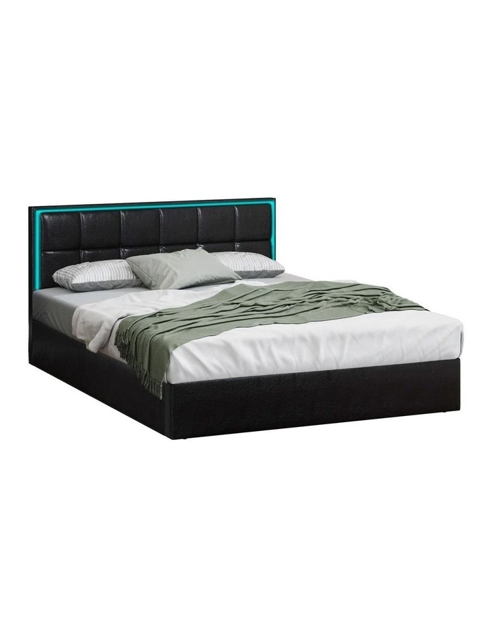 Oikiture Bed Frame Queen Size RGB LED Gas Lift Storage Base Leather image 1