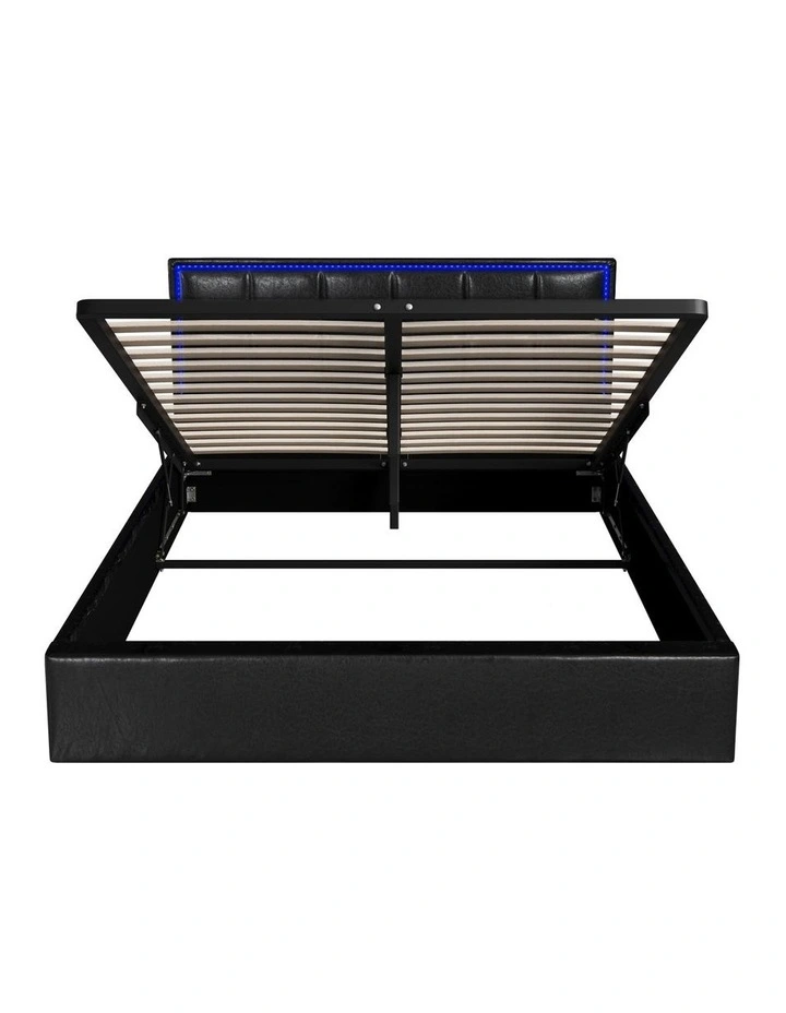 Oikiture Bed Frame Queen Size RGB LED Gas Lift Storage Base Leather image 2
