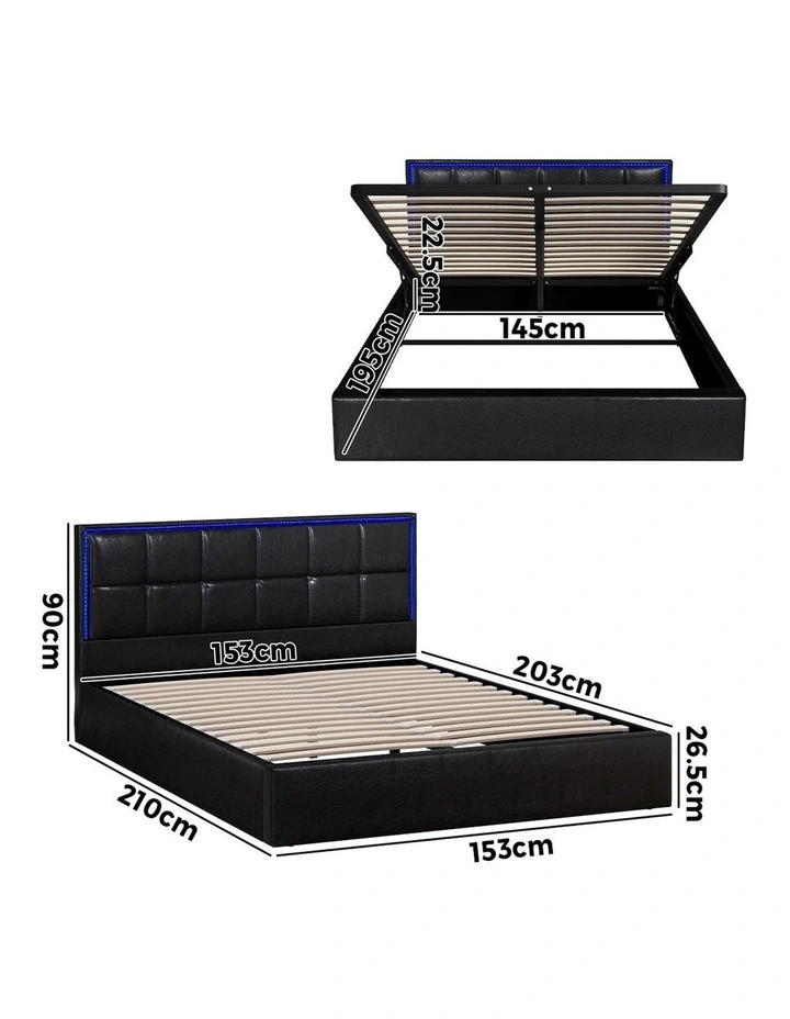 Oikiture Bed Frame Queen Size RGB LED Gas Lift Storage Base Leather image 3