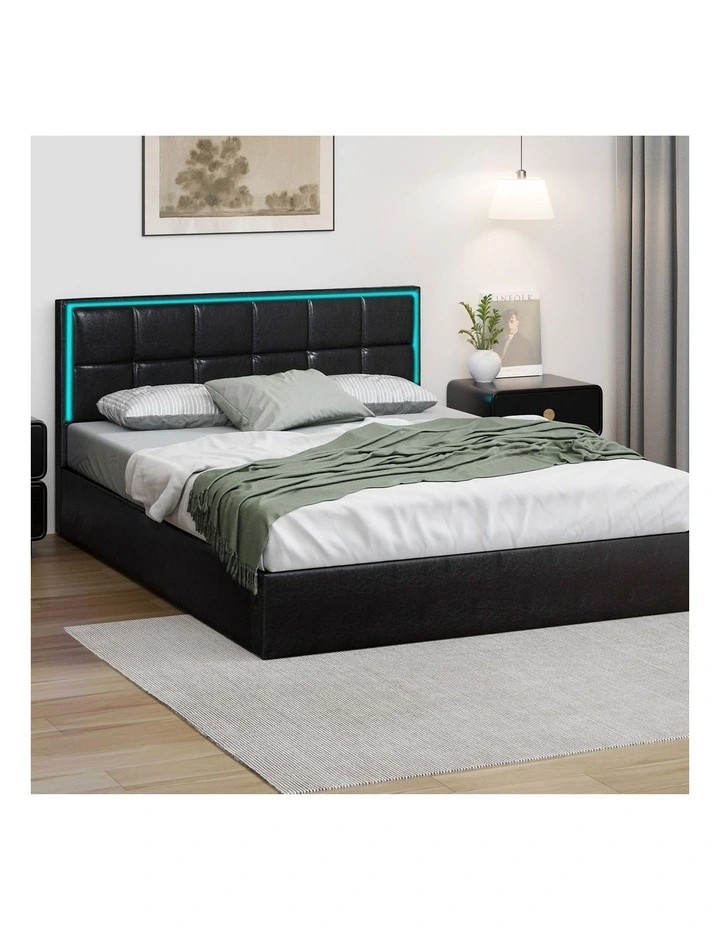 Oikiture Bed Frame Queen Size RGB LED Gas Lift Storage Base Leather image 4