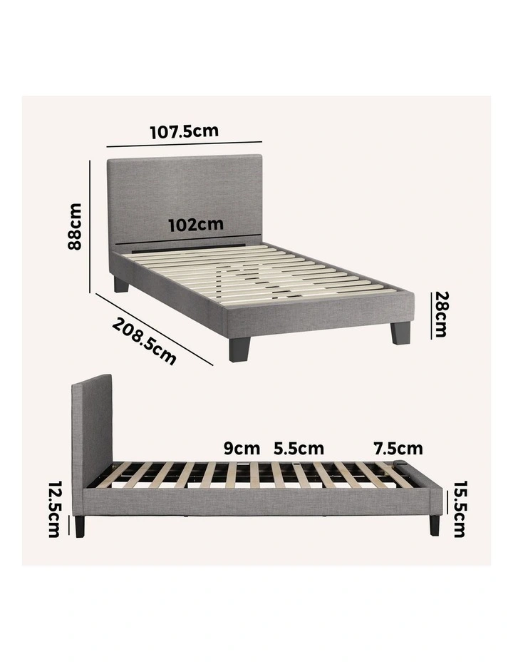 Oikiture Bed Frame King Single Size Wooden Slats Grey Fabric image 3