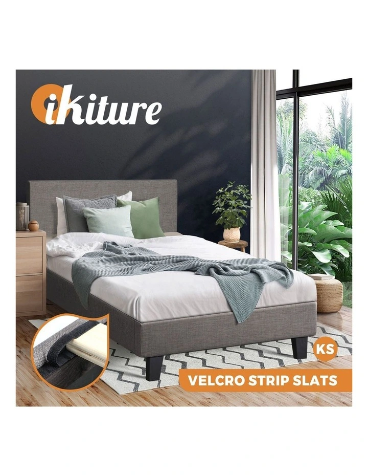Oikiture Bed Frame King Single Size Wooden Slats Grey Fabric image 4