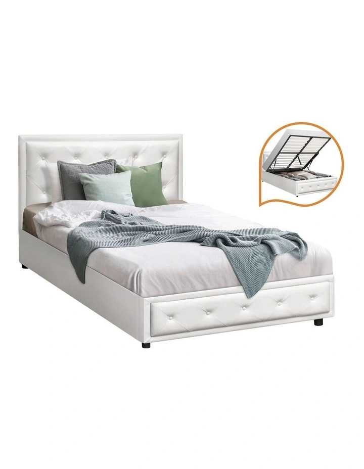 Oikiture Bed Frame King Single Size Gas Lift Base With Storage White Leather image 1
