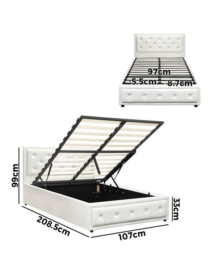 Oikiture Bed Frame King Single Size Gas Lift Base With Storage White Leather image 3