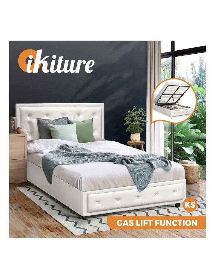 Oikiture Bed Frame King Single Size Gas Lift Base With Storage White Leather image 4