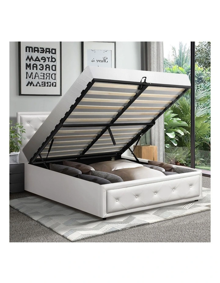Oikiture Bed Frame King Single Size Gas Lift Base With Storage White Leather image 5