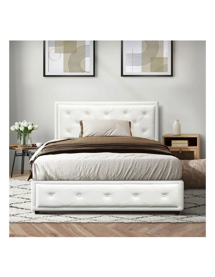 Oikiture Bed Frame King Single Size Gas Lift Base With Storage White Leather image 6