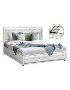 Oikiture Bed Frame Double Size Gas Lift Base With Storage White Leather