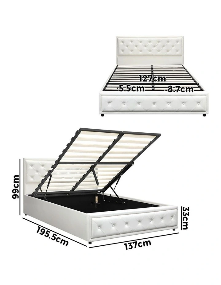 Oikiture Bed Frame Double Size Gas Lift Base With Storage White Leather image 3