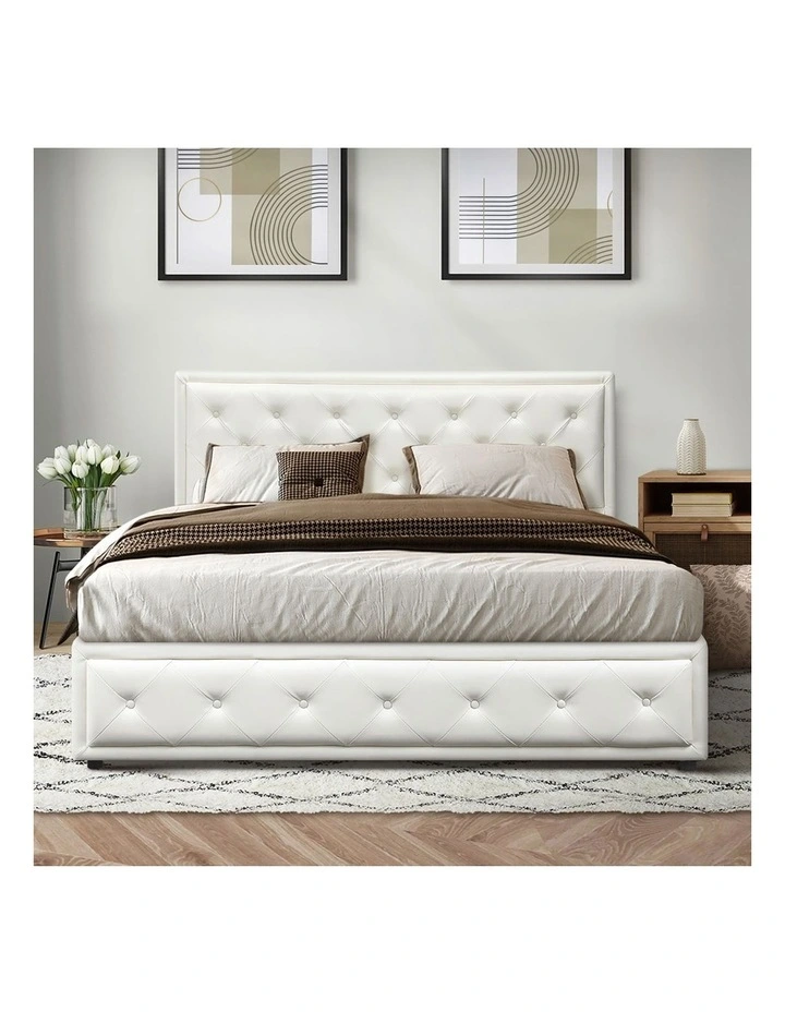 Oikiture Bed Frame Double Size Gas Lift Base With Storage White Leather image 6