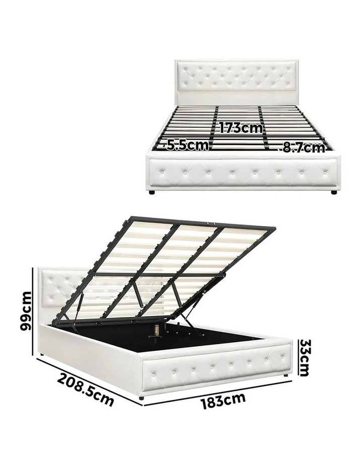 Oikiture Bed Frame King Size Gas Lift Base With Storage White Leather image 3