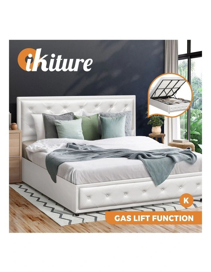 Oikiture Bed Frame King Size Gas Lift Base With Storage White Leather image 4