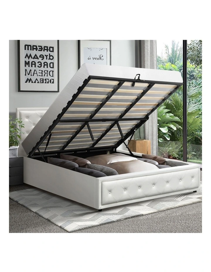 Oikiture Bed Frame King Size Gas Lift Base With Storage White Leather image 5
