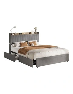 Oikiture Bed Frame Queen Size with 4 Drawers Charging Station USB Ports Grey
