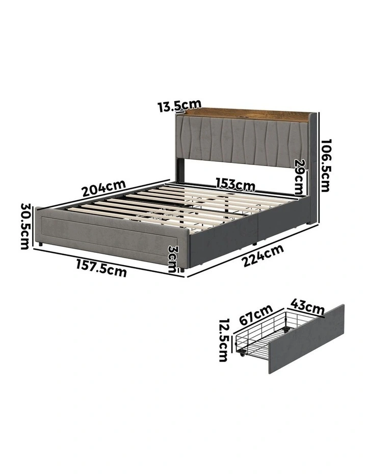 Oikiture Bed Frame Queen Size with 4 Drawers Charging Station USB Ports Grey image 3